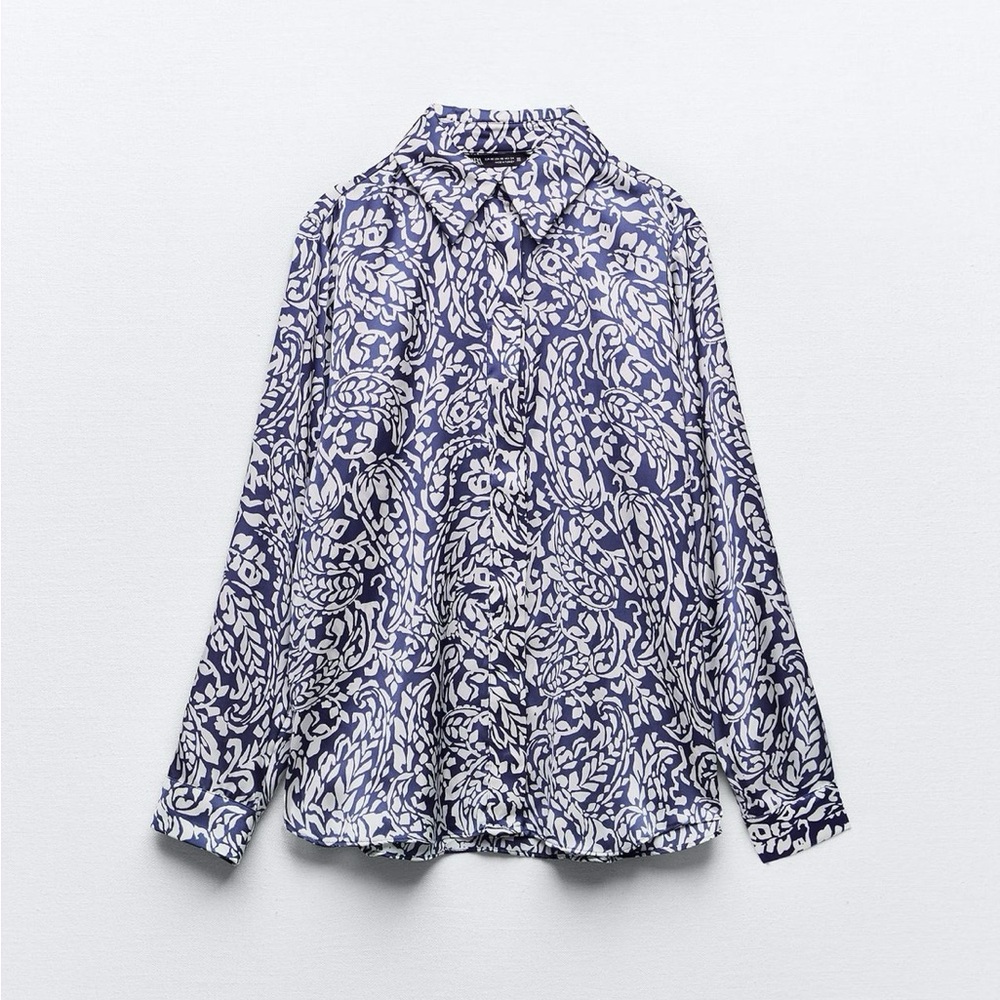 Zara Navy Blue and White Print Satin Top